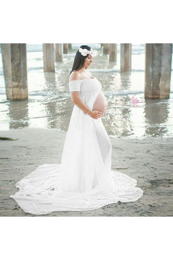 Pregnant Women Chiffon Patchwork Off Shoulder Front Slit Floor Length Dress Prop Photography Pregnancy Dress for Photoshoot