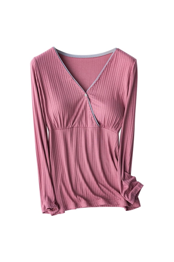 Pregnant Women Nursing Top Long Sleeve Button Down, Color Round Neck Breastfeeding Blouse for Pregnancy, for All Trimesters