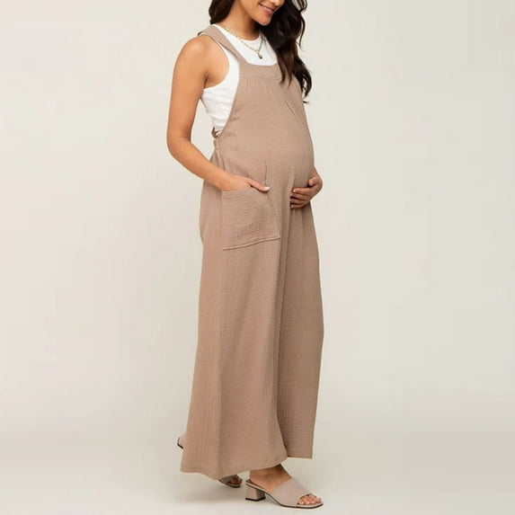 Pregnant Women Solid ColorCasual Loose Solid Color Comfortable Maternity Overalls Khaki S
