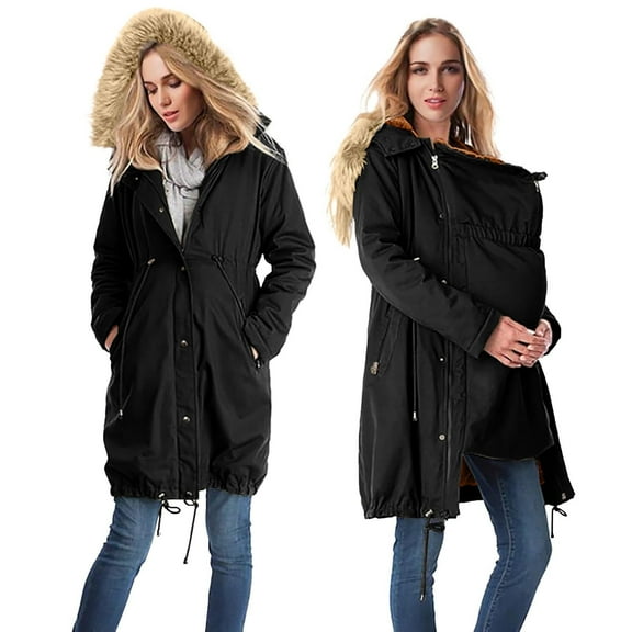 Pregnant Women Winter Coat Warm Pocket Hooded Coat Long Jacket Black XXL