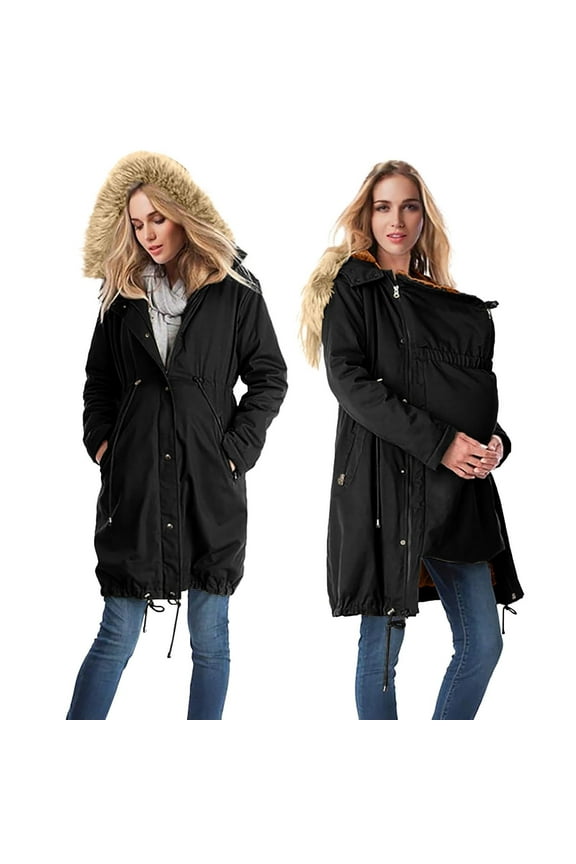 Pregnant Women Winter Coat Warm Pocket Hooded Coat Long Jacket Black XXL