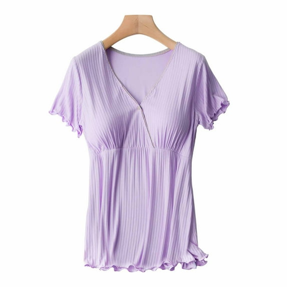 Pregnant Womens Nursing Color Round Neck Short Sleeve Round Neck Breastfeeding Blouse Purple XXL
