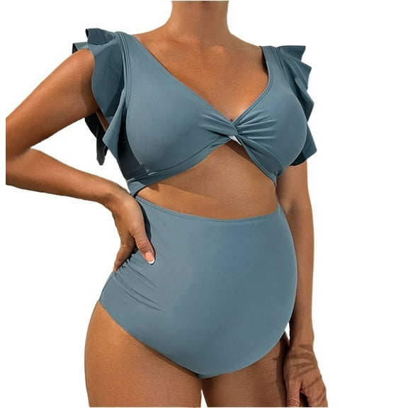 HE. Pregnant women's swimsuit 2025 new fashionable solid color loose short sleeved one-piece swimsuit with belly covering