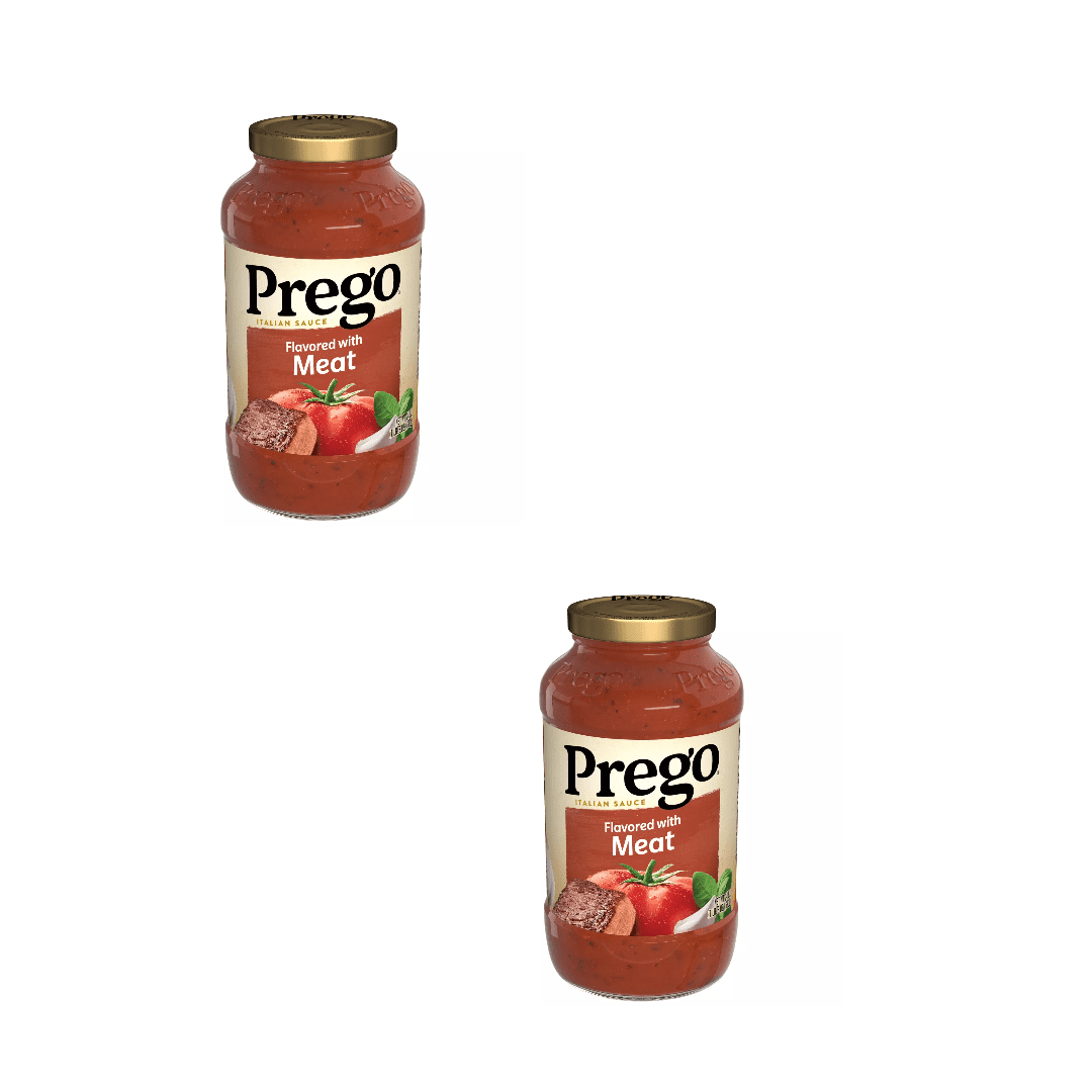 Prego Flavored with Meat Pasta Sauce, 24 oz, Pack of 2, Hearty Meat Sauce, Rich Tomato Sauce, Savory Meal for Pasta, Family Favorite