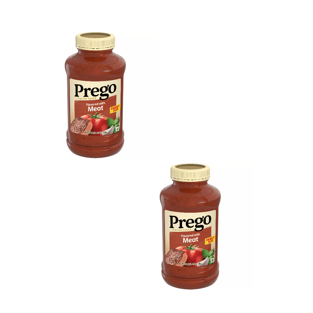 Prego Flavored with Meat Pasta Sauce, 45 oz, Pack of 2, Savory Meat Sauce, Rich Tomato Base, Hearty Pasta Sauce, Family Favorite