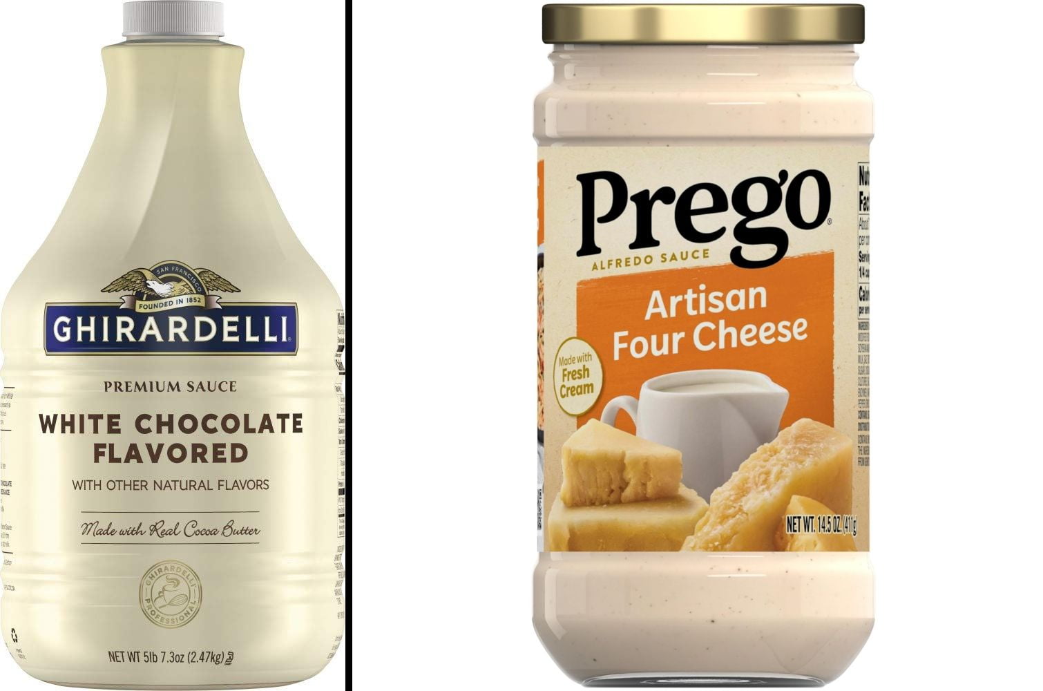 Prego Four Cheese Alfredo Pasta Sauce, 14.5 oz Jar & Ghirardelli Premium Sauce White Chocolate 87.3 Ounce