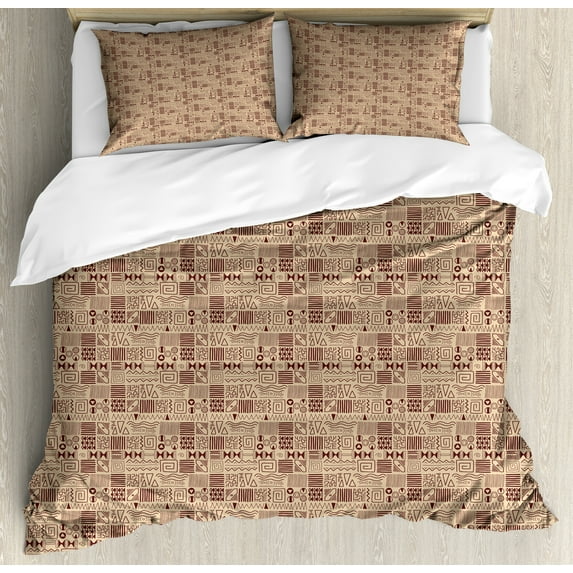 Prehistoric Art Duvet Cover Set, Rhythmic Ethnic Tribal Pattern of Triangle and Zigzag Motifs in Earth Tones, Decorative 3 Piece Bedding Set with 2 Pillow Shams, King Size, Ecru Brown, by Ambesonne