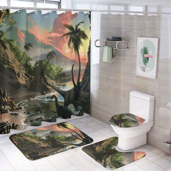 Prehistoric Beach Sunset Dinosaurs Paradise Shower Curtain Waterproof Bathroom Curtain Anti-slip Bath Mat Set Toilet Rugs Carpet