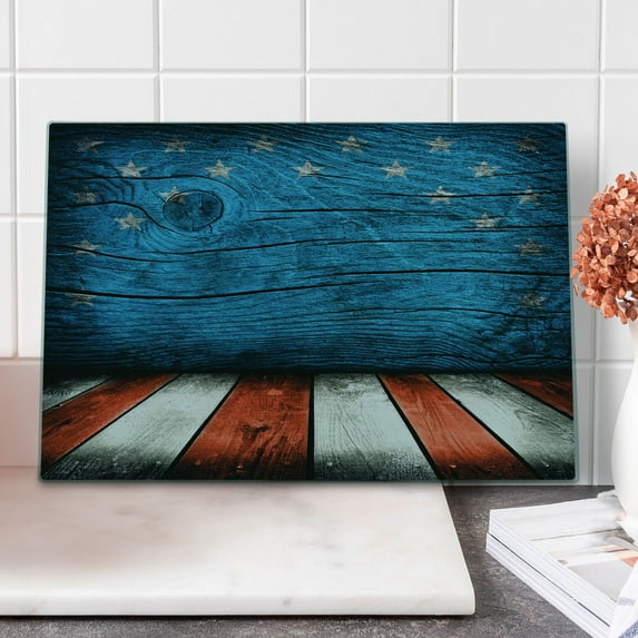 Prehistoric Country Cutting Board, Rustic Empty Wooden Pattern Interior American Flag Design, Decorative Tempered Glass Cutting and Serving Board, Large Size, Pale Grey Blue Orange, by Ambesonne