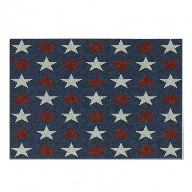 Prehistoric Country Cutting Board, Symmetric Star United States Independence Freedom Theme, Decorative Tempered Glass Cutting and Serving Board, Small Size, Dark Blue White and Ruby, by Ambesonne