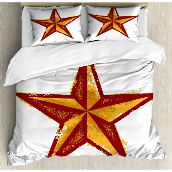 Prehistoric Country Duvet Cover Set, Grunge Western Star Retro Style Worn Aged Retro Country Design, Decorative 3 Piece Bedding Set with 2 Pillow Shams, Calking Size, Redwood Marigold, by Ambesonne