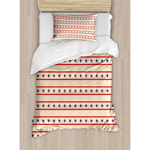 Prehistoric Country Duvet Cover Set, Horizontal Borders Patriotic Stars Nostalgic Design Pattern, Decorative 2 Piece Bedding Set with 1 Pillow Shams, Twin Size, Navy Blue Cream Red, by Ambesonne