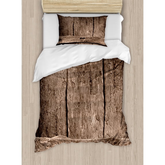 Prehistoric Country Duvet Cover Set, Love Themed Romantic Heart Shape on Rustic Rough Wooden Slats Image Print, Decorative 2 Piece Bedding Set with 1 Pillow Shams, Twin Size, Umber, by Ambesonne