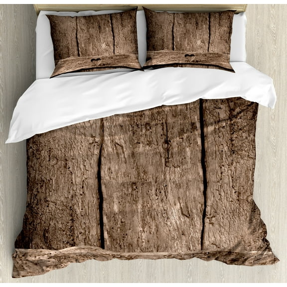 Prehistoric Country Duvet Cover Set, Love Themed Romantic Heart Shape on Rustic Rough Wooden Slats Image Print, Decorative 3 Piece Bedding Set with 2 Pillow Shams, Calking Size, Umber, by Ambesonne