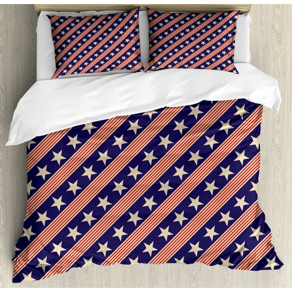 Prehistoric Country Duvet Cover Set, Patriotic Star Pattern in Diagonal Stripes National Theme Print, Decorative 3 Piece Bedding Set with 2 Pillow Shams, King Size, Navy Coral Cream, by Ambesonne