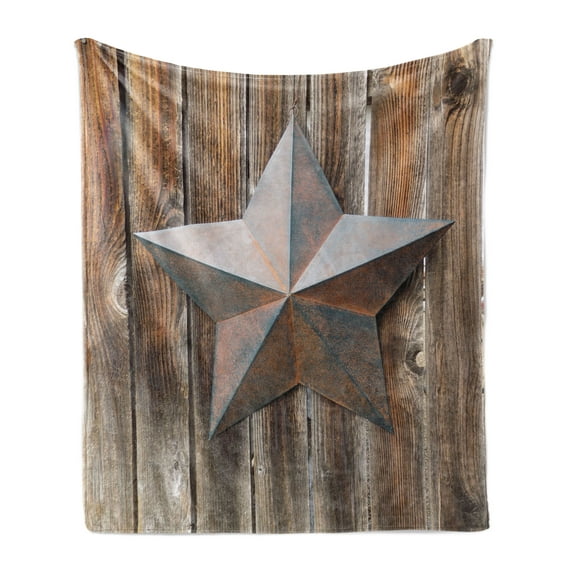 Prehistoric Country Soft Flannel Fleece Throw Blanket, Antique Rusty Star on the Weathered Wooden Planks Vintage Retro Image, Cozy Plush for Indoor and Outdoor Use, 60" x 80", Brown, by Ambesonne