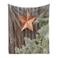 thumbnail image 1 of Prehistoric Country Soft Flannel Fleece Throw Blanket, Big Orange Star on Rough Wood Fences Pine and Branches Print, Cozy Plush for Indoor and Outdoor Use, 50" x 60", Orange Green Brown, by Ambesonne, 1 of 6