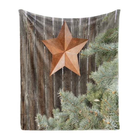 Prehistoric Country Soft Flannel Fleece Throw Blanket, Big Orange Star on Rough Wood Fences Pine and Branches Print, Cozy Plush for Indoor and Outdoor Use, 60" x 80", Orange Green Brown, by Ambesonne