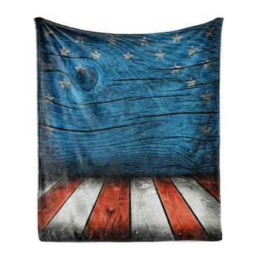 Prehistoric Country Soft Flannel Fleece Throw Blanket, Rustic Empty Wooden Pattern Interior American Flag Design, Cozy Plush for Indoor and Outdoor Use, 50" x 70", Pale Grey Blue Orange, by Ambesonne