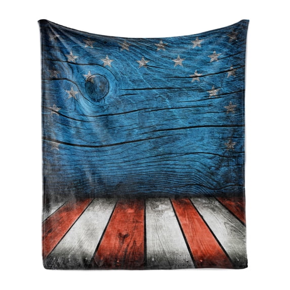 Prehistoric Country Soft Flannel Fleece Throw Blanket, Rustic Empty Wooden Pattern Interior American Flag Design, Cozy Plush for Indoor and Outdoor Use, 50" x 70", Pale Grey Blue Orange, by Ambesonne
