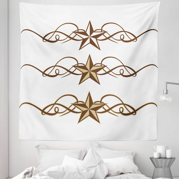 Prehistoric Country Tapestry, Western Stars Scroll Design Ornate Swirls Antique Print, Fabric Wall Hanging Decor for Bedroom Living Room Dorm, 5 Sizes, Brown Pale Coffee, by Ambesonne