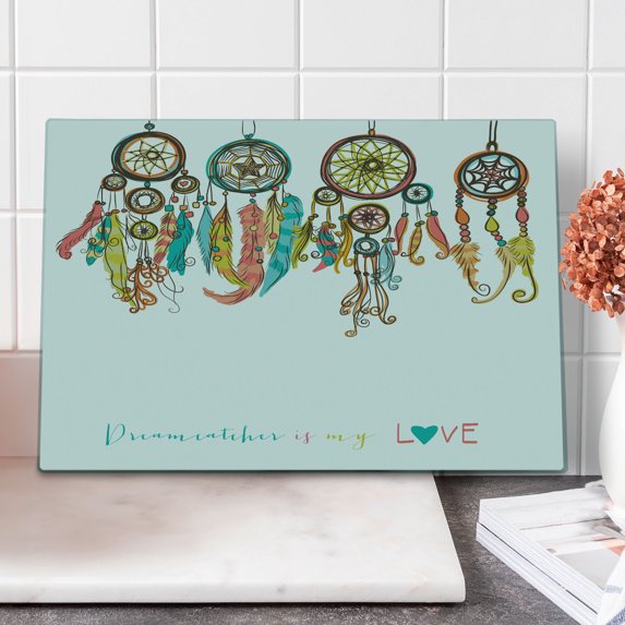 Prehistoric Cutting Board, Colorful Dreamcatchers Design Elements Print, Decorative Tempered Glass Cutting and Serving Board, Large Size, Multicolor, by Ambesonne