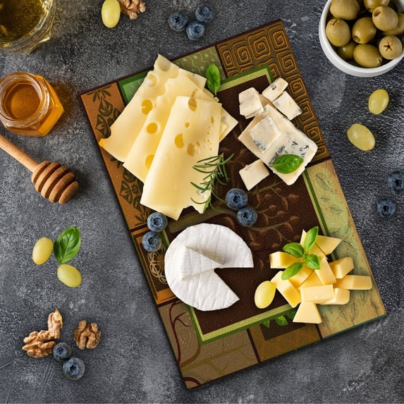 Prehistoric Cutting Board, Tree on Motifs Leaf Floral Ornaments Native Folk Patterns, Decorative Tempered Glass Cutting and Serving Board, Small Size, Brown Green, by Ambesonne