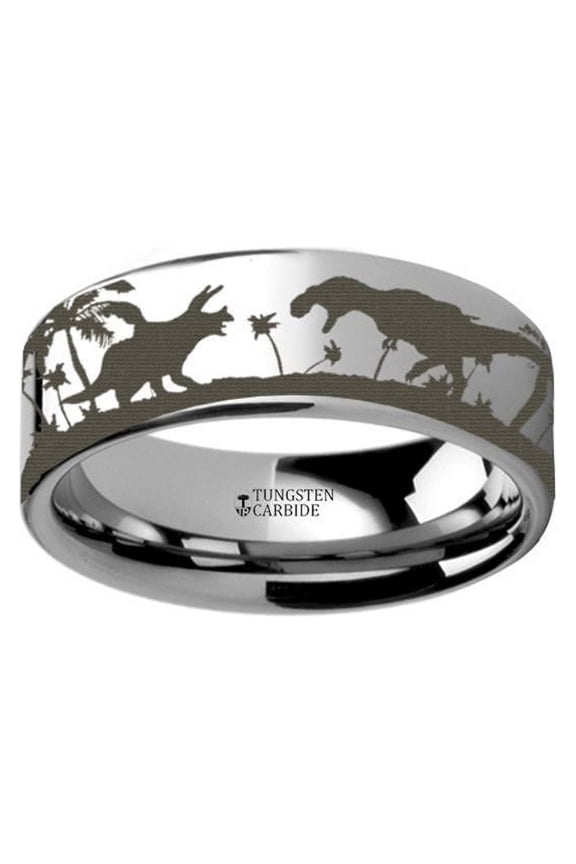 Prehistoric Dinosaur Jurassic Themed Portrait Ring Engraved Flat Tungsten Ring - 4mm - 12mm