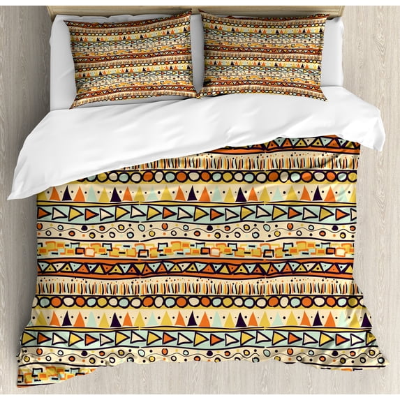 Prehistoric Duvet Cover Set, Mexican Style Doodles with Triangles Circles Folkloric Geometric Tribal, Decorative 3 Piece Bedding Set with 2 Pillow Shams, Queen Size, Multicolor, by Ambesonne