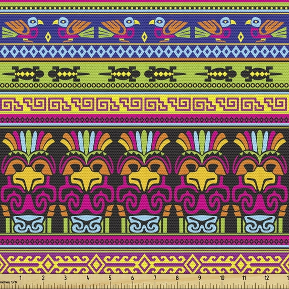 Ambesonne Prehistoric Fabric by the Yard Upholstery, Aztec Birds Borders, 3 Yards, Multicolor