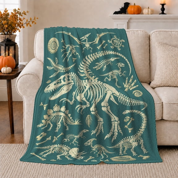 Prehistoric Fossil T-Rex ornate motif Living Room, Warm Flannel Blanket for Office and Dorm with Detailed Artwork, Dramatic decorative motif Scene, Art Lovers Graduation Gift