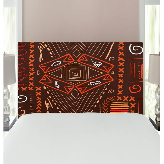 Prehistoric Headboard, Aboriginal Style Patterns Tribal Motifs Objects Collage of Cave Pictures, Upholstered Decorative Metal Bed Headboard with Memory Foam, Twin Size, Orange and Black, by Ambesonne