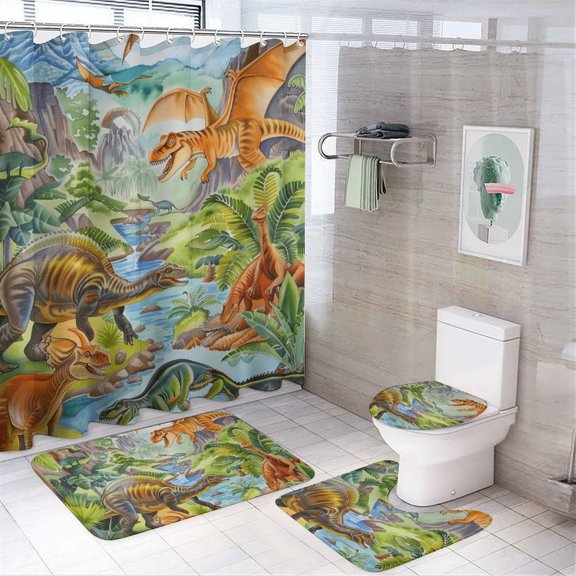 Prehistoric Jungle Dinosaur Paradise Scene 4pcs Shower Curtain Decoration ，modern Home Decoration, Waterproof Shower Curtain