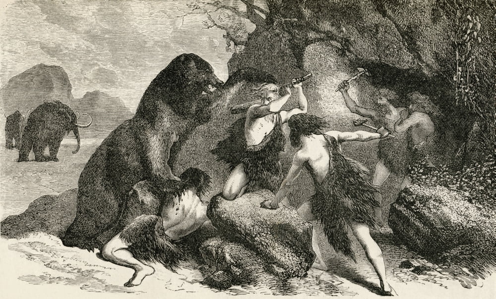 Prehistoric Man In The Time Of The Giant Bear And Mammoth From The Worlds Inhabitants By GT Bettany Published 1888 Canvas Art - Ken Welsh Design Pics (18 x 11)
