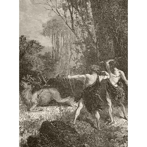 Prehistoric Men Hunting With Bow And Arrow And Spear From The Book Chips From The Earths Crust Published 1894 Canvas Art - Ken Welsh Design Pics (12 x 17)