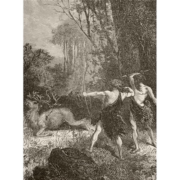 Prehistoric Men Hunting With Bow And Arrow And Spear From The Book Chips From The Earths Crust Published 1894