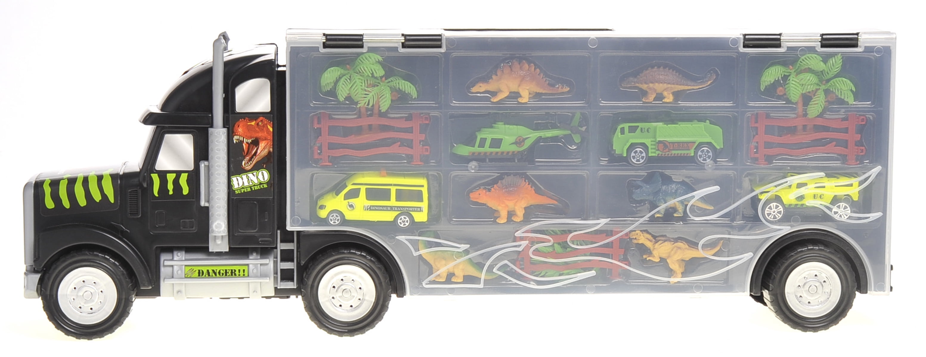 Prehistoric Past 22" Transport Dinosaurs Car Carrier Truck Toy Includes Dinosaur Toys, Cars and Helicopter - Black