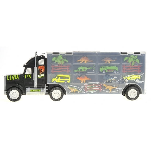 Prehistoric Past 22" Transport Dinosaurs Car Carrier Truck Toy Includes Dinosaur Toys, Cars and Helicopter - Black