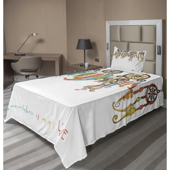 Ambesonne Prehistoric Fitted & Top Sheet Set with Sham, Boho Dreamcatchers, Multicolor