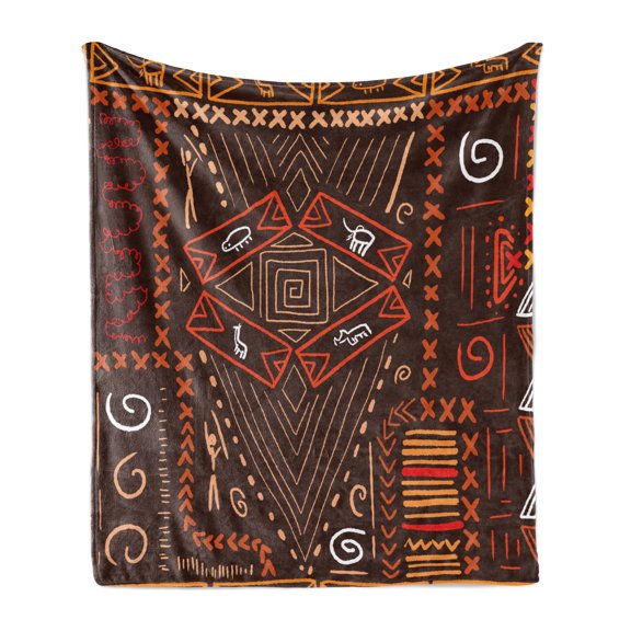 Prehistoric Soft Flannel Fleece Blanket, Aboriginal Style Patterns Tribal Motifs Objects Collage of Cave Pictures, Cozy Plush for Indoor and Outdoor Use, 70" x 90", Orange and Black, by Ambesonne