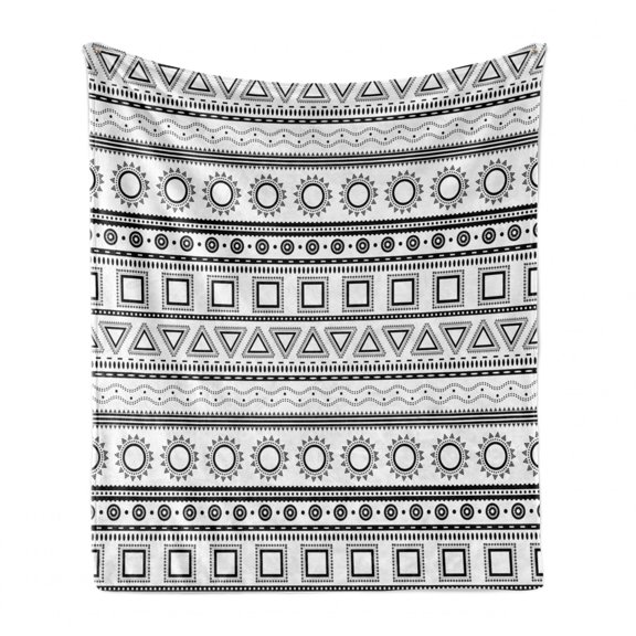 Prehistoric Soft Flannel Fleece Throw Blanket, Borders Traditional Sun Triangles Squares Print, Cozy Plush for Indoor and Outdoor Use, 50" x 70", Black White, by Ambesonne
