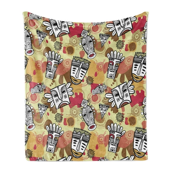 Prehistoric Soft Flannel Fleece Throw Blanket, Cartoon Aboriginal Feathers Sun Art Illustration, Cozy Plush for Indoor and Outdoor Use, 70" x 90", Pale Khaki and Multicolor, by Ambesonne