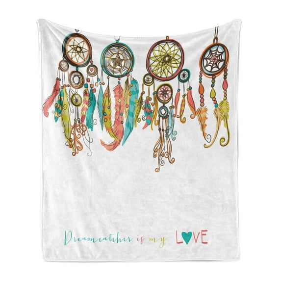 Prehistoric Soft Flannel Fleece Throw Blanket, Colorful Dreamcatchers Design Elements Print, Cozy Plush for Indoor and Outdoor Use, 60" x 80", Multicolor, by Ambesonne