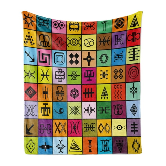 Prehistoric Soft Flannel Fleece Throw Blanket, Elements Collage in Colorful Squares Aboriginal Symbolic, Cozy Plush for Indoor and Outdoor Use, 60" x 80", Multicolor, by Ambesonne
