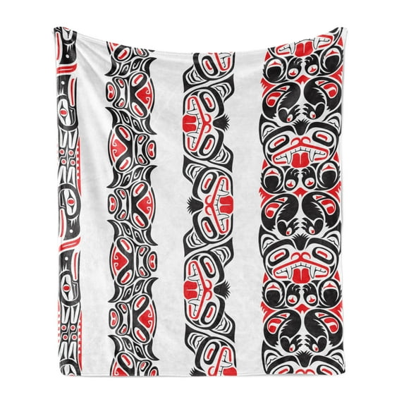 Prehistoric Soft Flannel Fleece Throw Blanket, Haida Motifs in Vertical Borders with Abstract Tribal Animal, Cozy Plush for Indoor and Outdoor Use, 60" x 80", Black Vermilion White, by Ambesonne