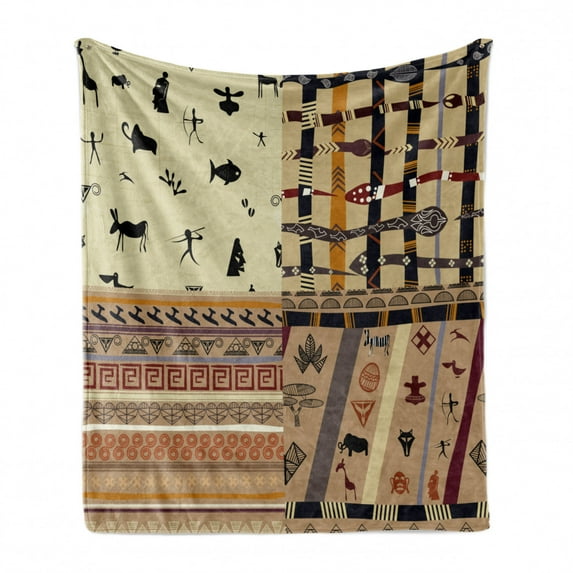 Prehistoric Soft Flannel Fleece Throw Blanket, Hunting Animals in Wilderness Zebra Fish Snake Tribal Patterns, Cozy Plush for Indoor and Outdoor Use, 50" x 70", Black Beige, by Ambesonne