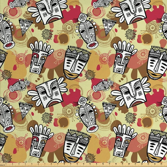 Ambesonne Tribal Fabric by the Yard Upholstery, Aboriginal, 5 Yards, Pale Khaki and Multicolor