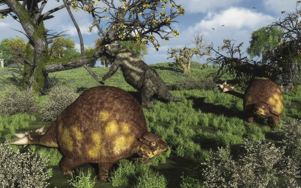 Prehistoric glyptodonts graze on grassy plains An Eremotherium is in the background Canvas Art - Walter MyersStocktrek Images (36 x 23)