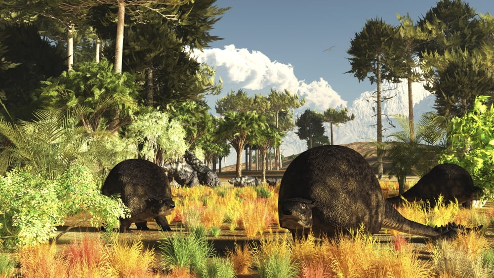 Prehistoric glyptodonts graze on grassy plains Canvas Art - Arthur DoretyStocktrek Images (19 x 11)