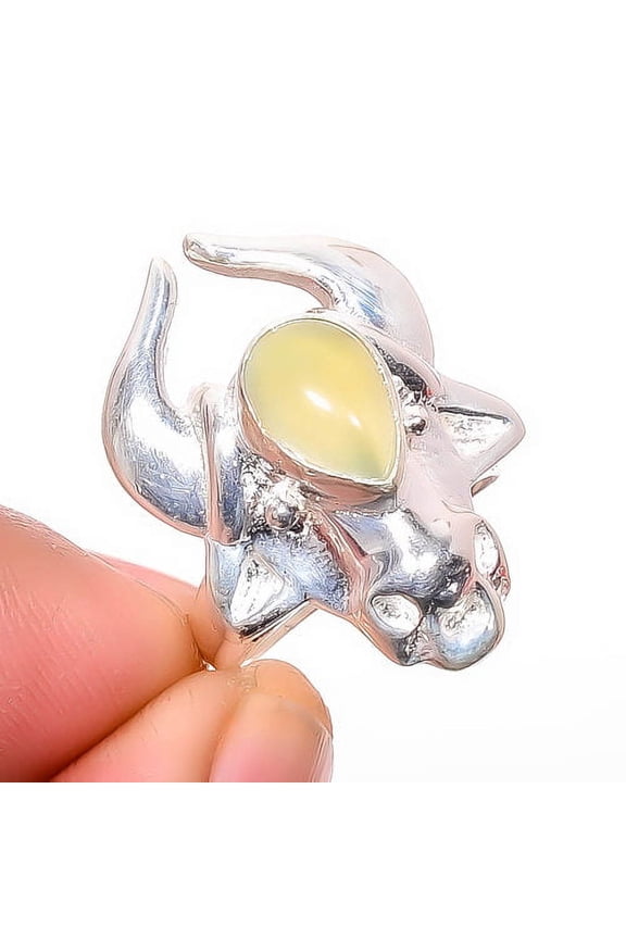 Prehnite Designer Handmade 925 Steerling Silver Bull Ring s.6.5 R7467-5, Christmas Gift, Gemstone Silver Jewelry, Prehnite Ring, New Year Sale